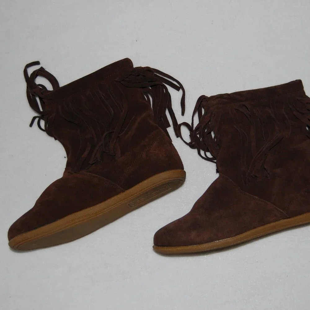 Nine West Genuine Leather Suede Fringe Boots, US 8M, Fur Lined, Chocolate Brown